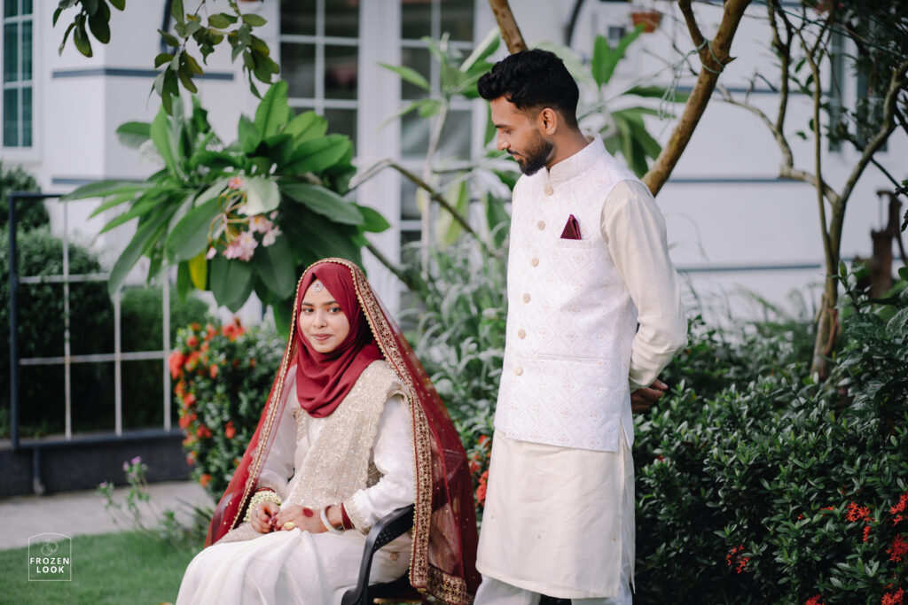 A newlywed couple sharing a quiet moment